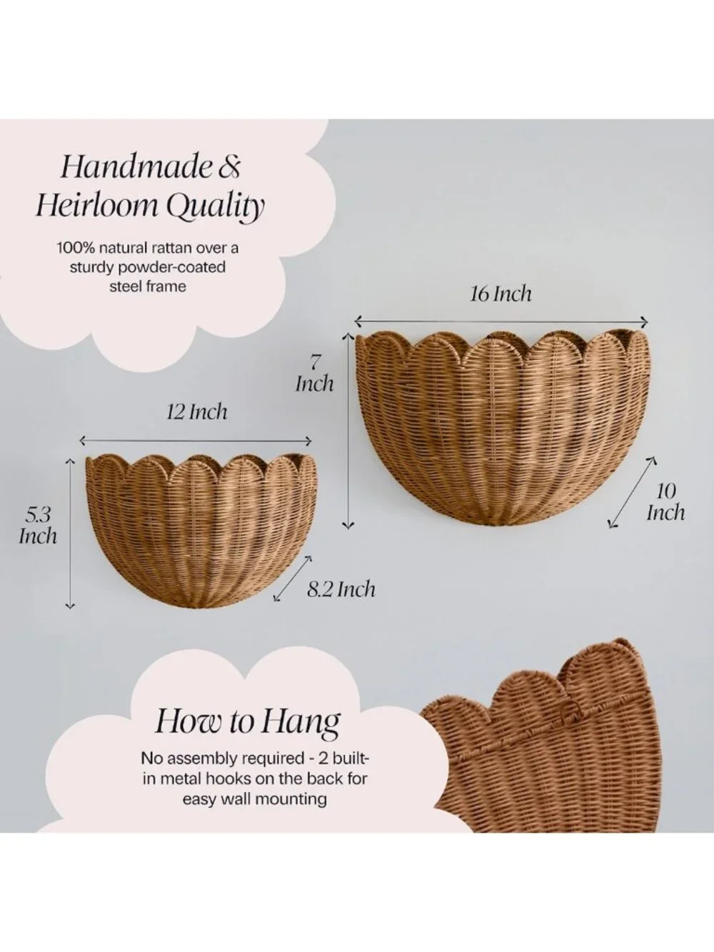 Scalloped Wicker Wall Baskets - Set of 2, Decorative Storage Baskets (16x10x7